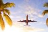 Coconut,Palms,Tree,And,Airplane,At,Sunset.,Passenger,Plane,Above