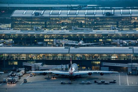 Heathrow Airport, Terminal 5 complex viewed from control tower, February 2018