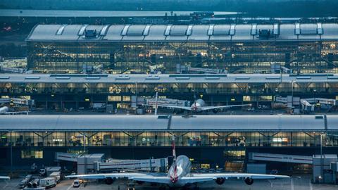 Heathrow Airport, Terminal 5 complex viewed from control tower, February 2018