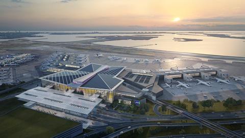 New Terminal One exterior aerial rendering