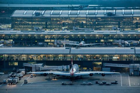 Heathrow Airport, Terminal 5 complex viewed from control tower, February 2018