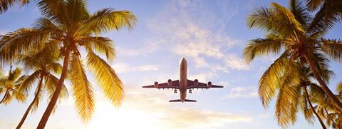 Coconut,Palms,Tree,And,Airplane,At,Sunset.,Passenger,Plane,Above