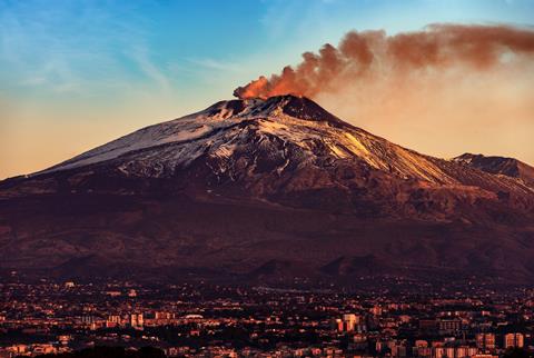 Catania,Cityscape,And,The,Mount,Etna,Volcano,With,Smoke,At