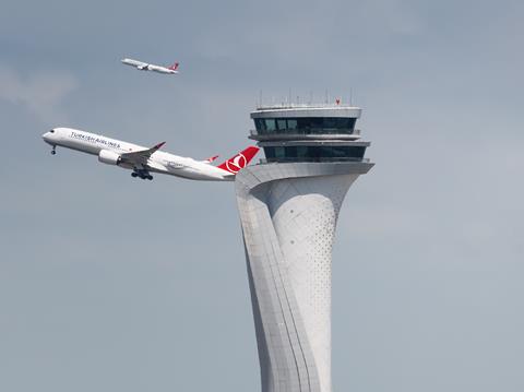 3-6-2023.,Istanbul,Airport,,Turkey.,Parellel,Takeoffs,Of,Turkish,Airlines,A350
