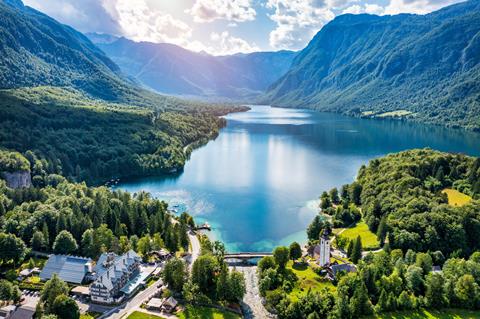 Aerial,View,Of,Bohinj,Lake,In,Julian,Alps.,Popular,Touristic