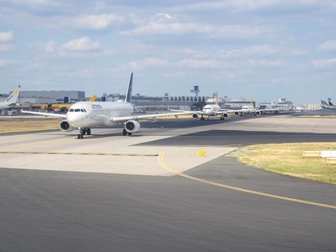 Frankfurt,,Germany.,July,10,,2023.,Many,Planes,In,Line,Waiting
