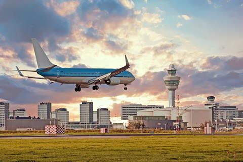Airplane,Landing,On,Schiphol,Airport,In,Amsterdam,In,The,Netherlands