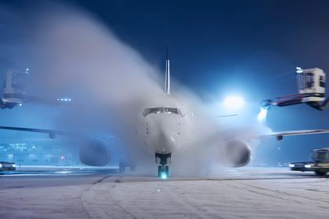 Deicing,Of,Airplane,Before,Flight.,Winter,Night,At,Airport,During