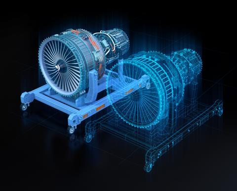 Wireframe,Rendering,Of,Turbojet,Engine,And,Mirrored,Physical,Body,On